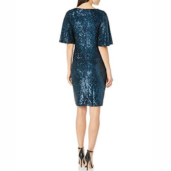 Adrianna Papell Sz 4 Blue Sequin Knee Dress V Neck Flutter Sleeve Sheath Formal - Picture 3 of 16